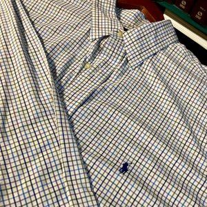 Ralph Lauren Button Down, Performance, White/Blue Plaid, Mens XLT